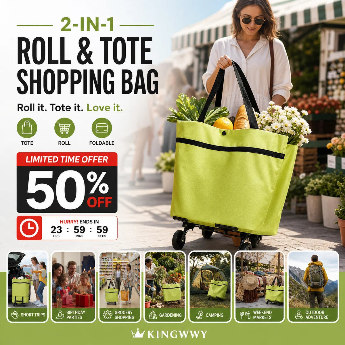 🛒 2-in-1 Folding Shopping Cart – Portable & Lightweight